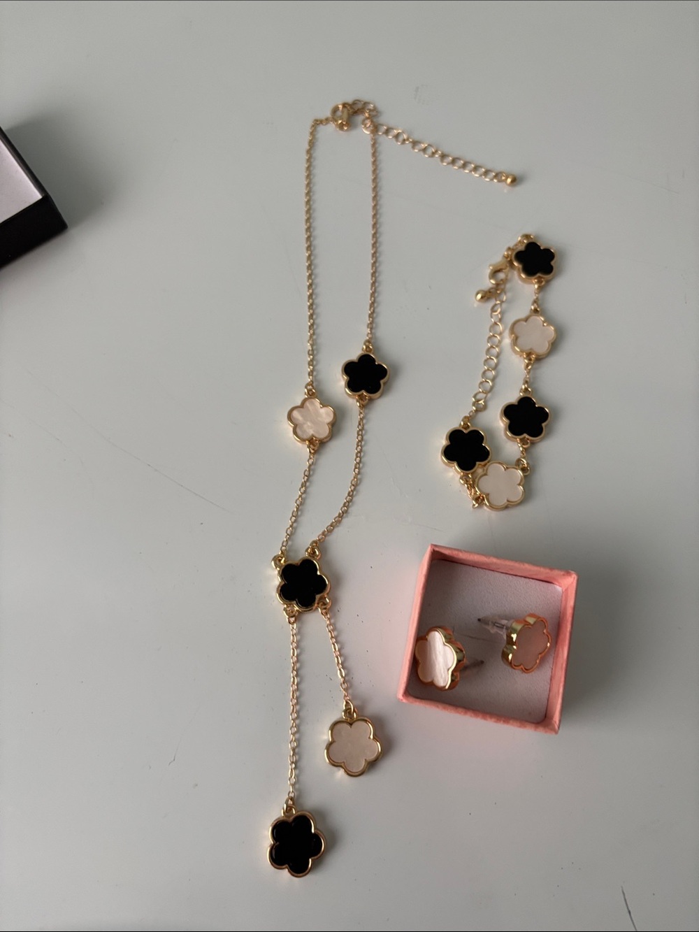Gold Clover Motif Long Necklace with bracelet and Studs - Pearl & Black